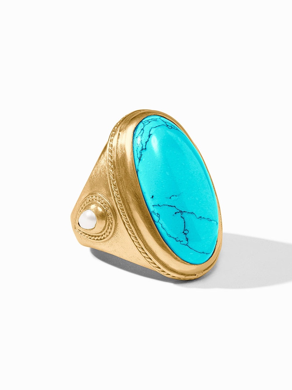 Julie Vos Gold Statement Ring with Large Turquoise and Small Pearl Stones. Sz 7